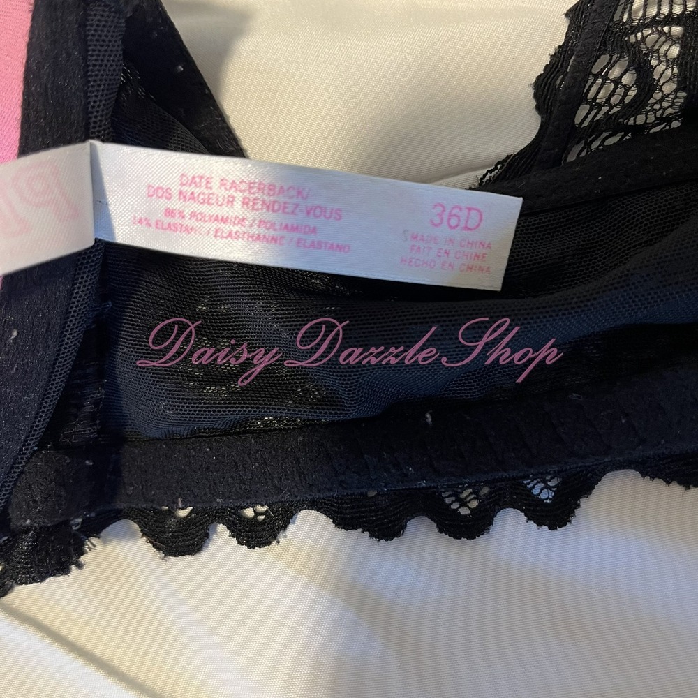 Victorias Secret PINK Date Push Up Bra Bralette Black Lace Racerback Bra 36 D - Picture 9 of 10